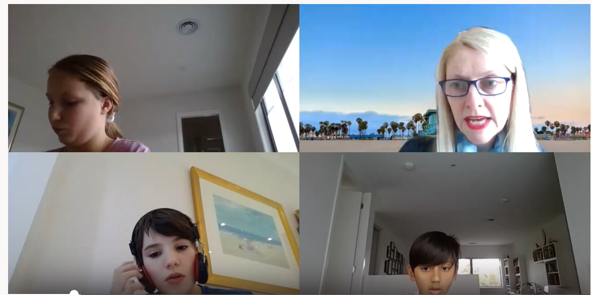 A video chat grid showing Mareli Opperman, Campbell Holtham and Aarav Agarwal in a video call with Lanella Sweet