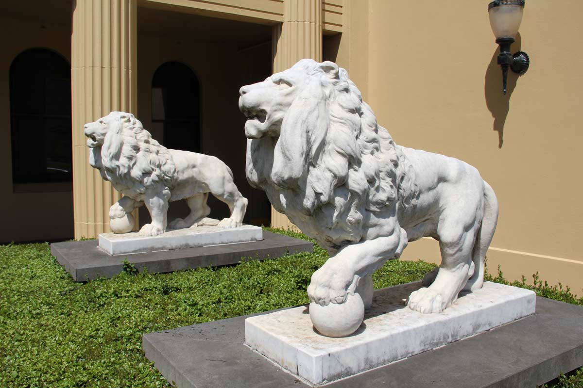 Two white lion statues on the campus grounds