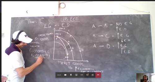 Teacher at a chalkboard, shown on a video chat