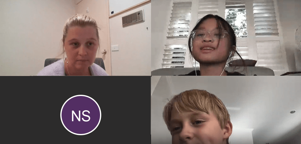 A split-screen of three students and teacher in a video conference