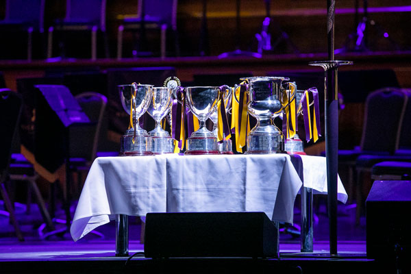 Premiership trophies on a display table