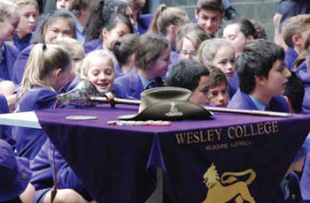 The sword and medals of Captain WO Willis on display at an Anzac Day Assembly at the Glen Waverley campus.