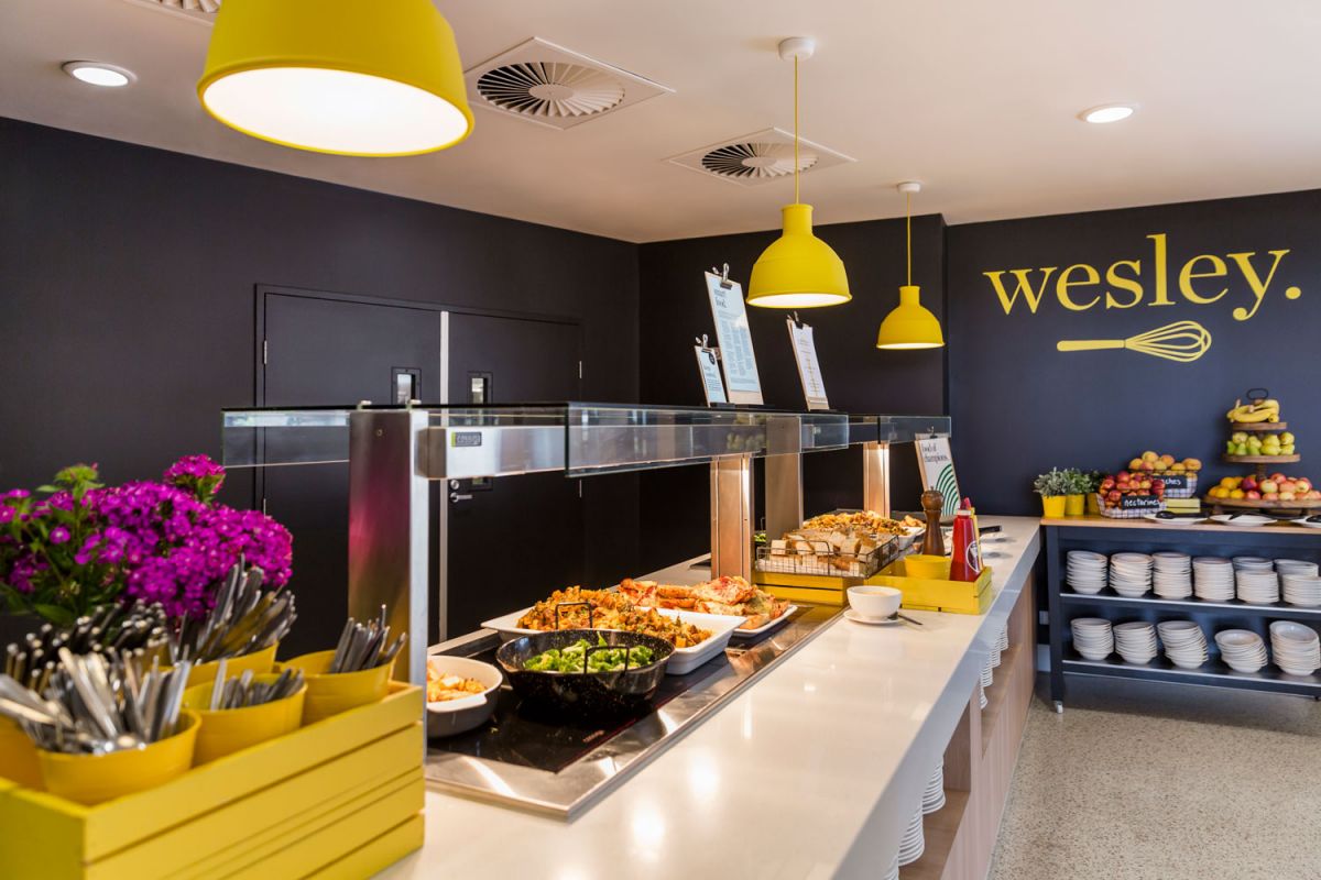 A modern cafeteria with fresh food