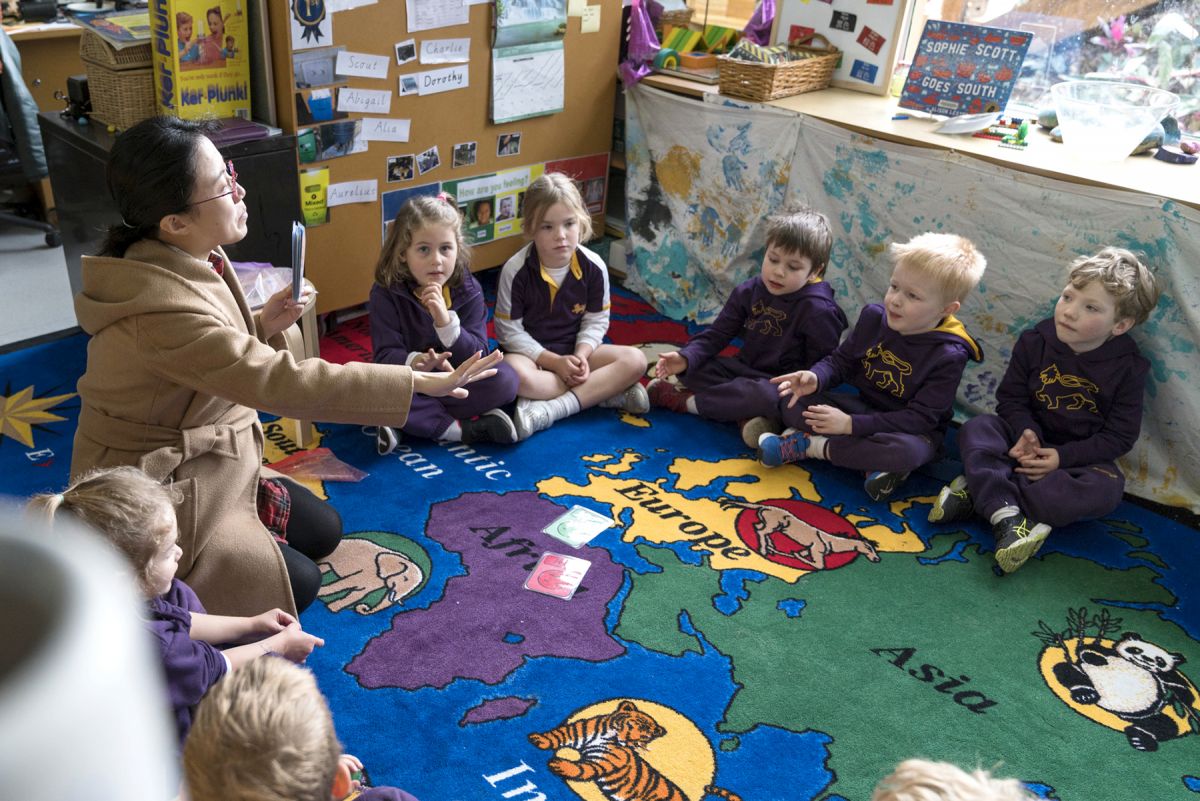 Children sitting with teacher on a map of the world