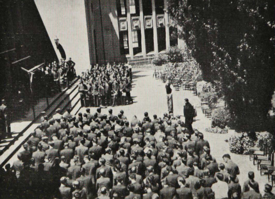 Crowds gather outdoors for Speech Day in 1946