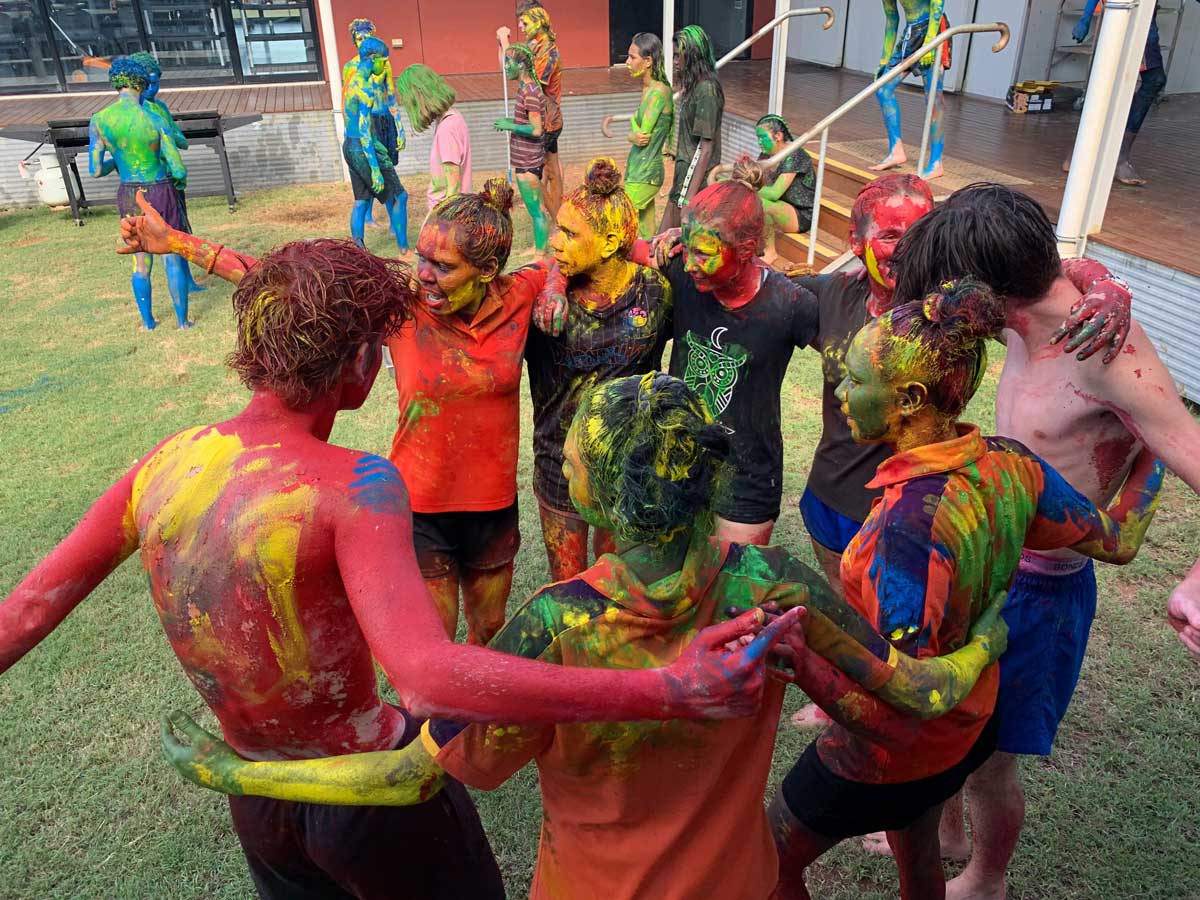 The Yiramalay/Wesley Studio School brings together students from Northern and Central Australia, Melbourne and the world. Pictured prior to COVID-19 restrictions, students participating in their own ‘Yiramalympics’