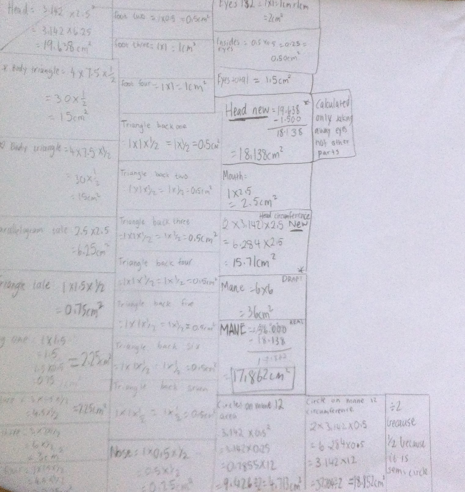 Year 6 student Mareli Opperman’s calculations for the area of irregular shapes that approximate the shape of the Wesley lion