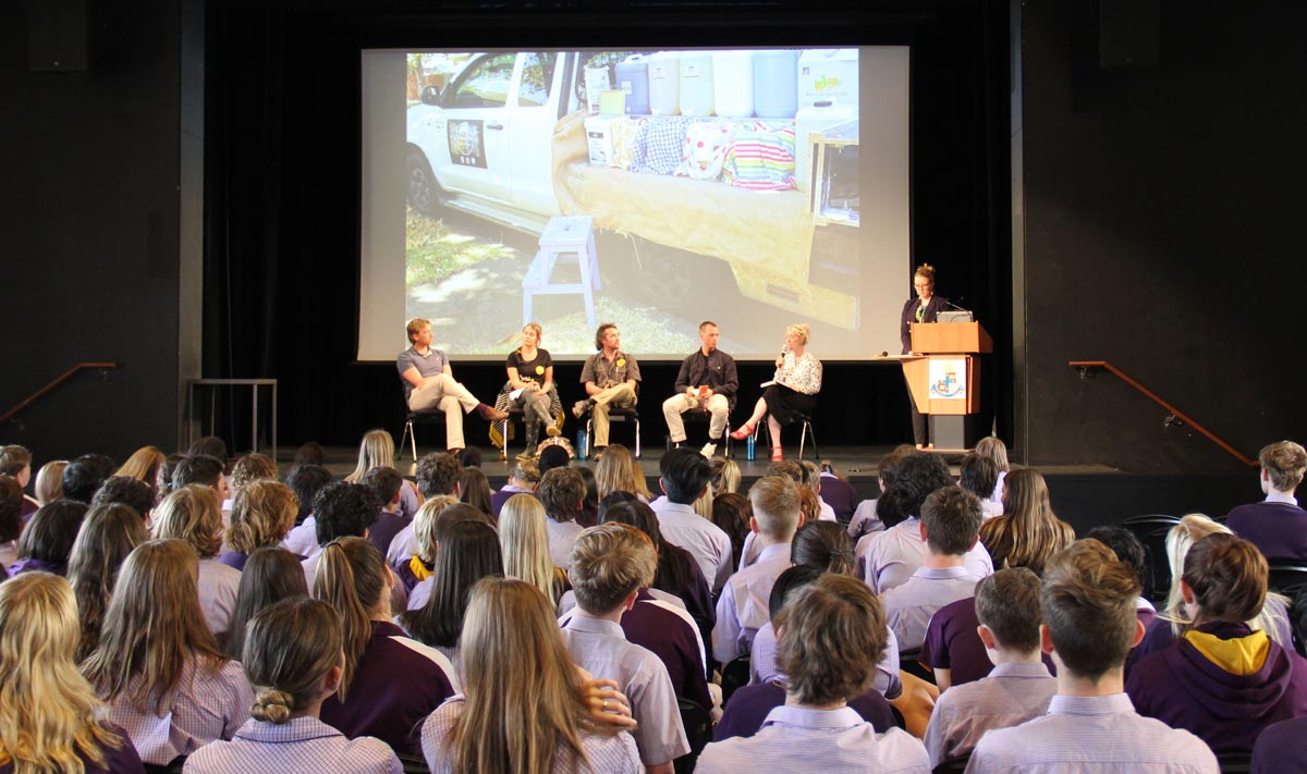 Students sit in the assembly hall for the Personal Project launch and panel event